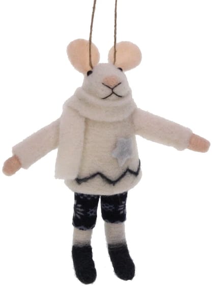 Muis met witte trui/blauwe ster vilt 12x3,5x14cm