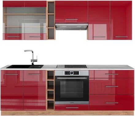 Vicco Fame-Line Complete keukeneenheid – 235 cm, WB Marmer Bordeaux hoogglans/gouden eik