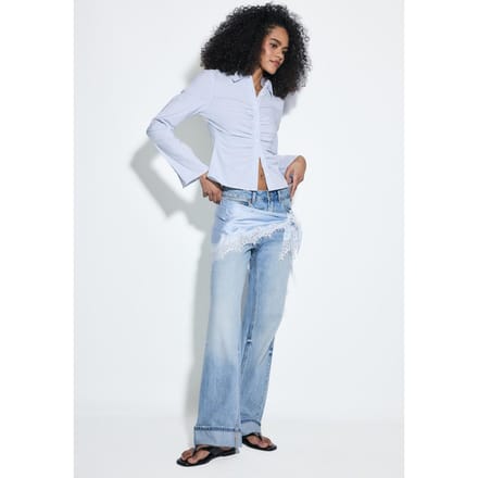 Stradivarius D92 straight wide jeans met scheuren  LICHTBLAUWE DENIM WASSING 32