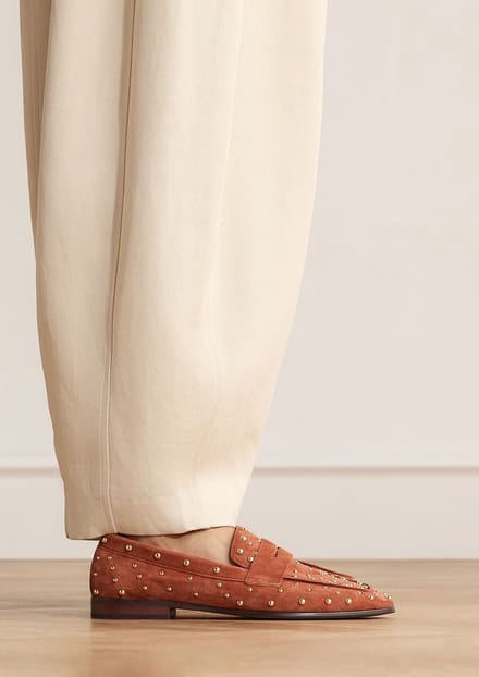 Manfield - Dames - Oranje suède loafers met studs - Maat 36