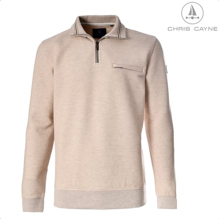 CHRIS CAYNE heren sweatshirt - M - gemeleerd - offwhite - korte rits - schipperskraag - borstzak