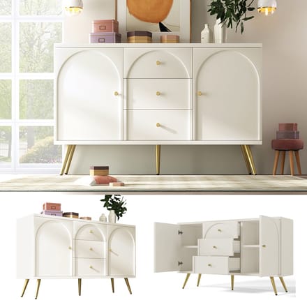 Zubaliya Kommode - 84x140x40 cm crèmewit - 2 deuren & 3 laden - verstelbare plank (5 hoogtes) - klassiek gewelfd design