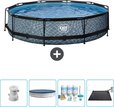 EXIT Rond Stone Frame Zwembad - 360 x 76 cm - Inclusief Pomp Afdekzeil - Onderhoudspakket - Solar Mat - Nu extra voordelig