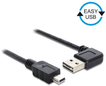 Mini USB naar Easy-USB-A haaks (links/rechts) kabel - USB2.0 - tot 2A / zwart - 2 meter