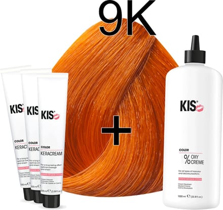 Kis KeraCream Color - 100ml - Haarverf Set - 9K Extra licht koper | KIS - (3 x haarverf & 1L waterstofperoxide)