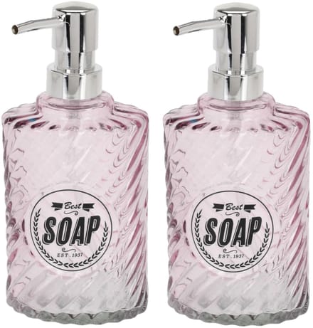 Items Zeeppompje/dispenser - 2x - 17 cm - glas - roze - 300 ml - navulbaar - toilet/badkamer/keuken