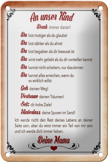 Blechschild Spruch 12x18cm Kind denk immer daran deine Mama