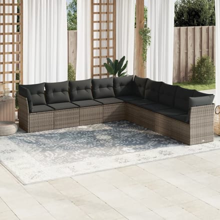 vidaXL - 9-delige - Loungeset - met - kussens - poly - rattan - grijs