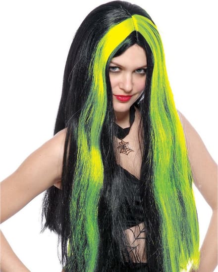 pruik heks zwart met groene lok Halloween