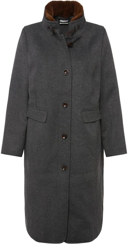 Ulla Popken - Dames - Traditionele mantel opstaande kraag geweven bont - Taupe - Maat 46+