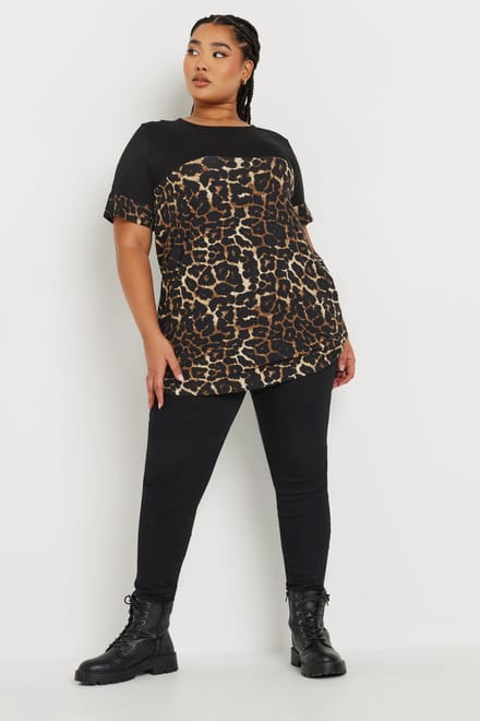 Yours Top Met Contrast En Luipaardprint In Zwart/Bruin Size 58-60
