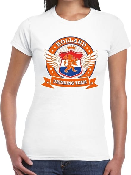 Wit Holland drinking team t-shirt / t-shirt wit dames - Koningsdag / supporters kleding L