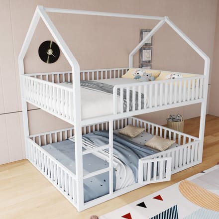REDOM Bedframe 140x200 cm – Metaal – Wit – Huisvormig hoogslaper met trap & opklapbare deur