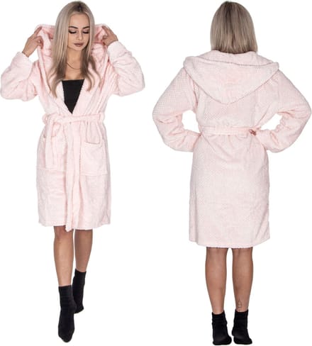 Springos Badjas - Fleece - Roze - Capuchon - Riem - Maat S/M