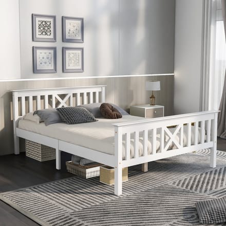 MODFU - Bedframe 140x200 cm – Wit massief hout met X-vormig hoofdbord – Lattenbodem