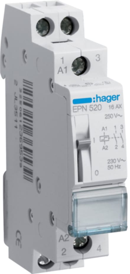 Hager - Impulsschakelaar 1MODULE 2 normaal open contacten 16A 230VAC - EPN520