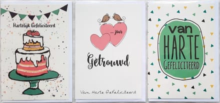 3 Wenskaarten - …… Jaar Getrouwd – Hartelijk Gefeliciteerd – Van Harte Gefeliciteerd - 12 x 17 cm – GET-308