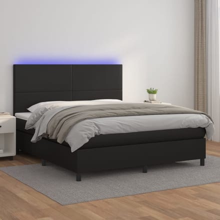 vidaXL - Boxspring - met - matras - en - LED - kunstleer - zwart - 180x200 - cm