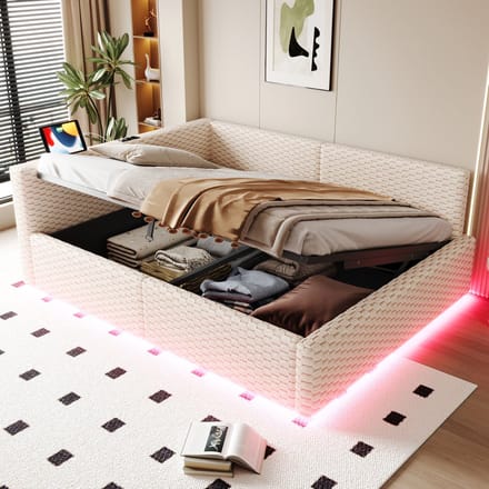 MODFU – Gestoffeerd Bed – 140x200 cm – LED & USB-C – L-Vormige Rugleuning – Fluweel – Beige