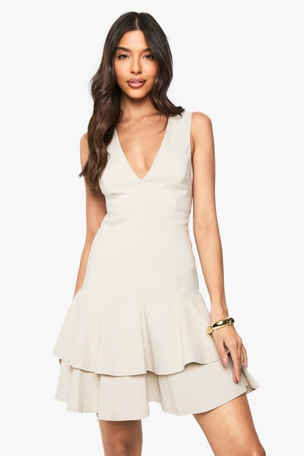 boohoo Dames Bengaline plunge mini-jurk met ruchenzoom en shift-silhouet | Stone | Maat: 12