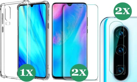 Hoesje geschikt voor Huawei P30 Transparant Shock Case - 2x Screenprotector Glas + 2x Camera Screen Protector