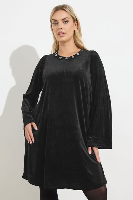 Yours Zwarte Velours Versierde Shiftjurk Size 62-64
