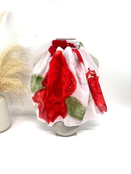 Lange dames sjaal Lizzy-gebloemd motief-rood wit groen taupe goud