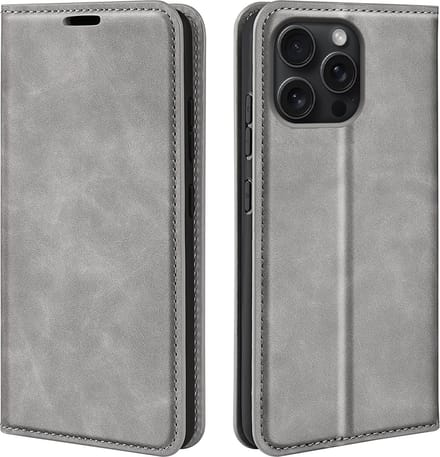 MobyDefend Hoesje - Geschikt voor iPhone 16 Pro Max - Luxe Wallet Bookcase (Magnetische Sluiting) - Grijs