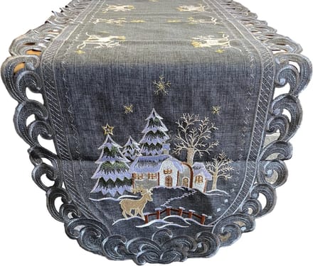 Tafelkleed- Linnenlook - Kerst - Grijs met hert - Rendier - Loper 170