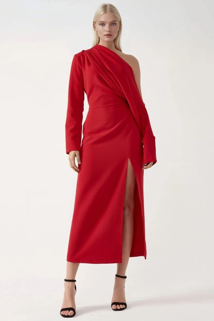 Asymmetrische Kraag Bodycon Midi Jurk met Splits