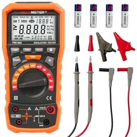 Digitale megohmmeter voor isolatieweerstand, 1000 V AC/DC, tot 100 GΩ met PI/DAR, frequentie- en laagspanningstest, groot LCD-display