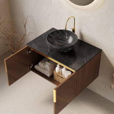 MODFU Badkamermeubel Met Keramische Wastafel - Soft-Close - Steenlook - Sintersteen En Multiplex - Zwart Bruin Eiken
