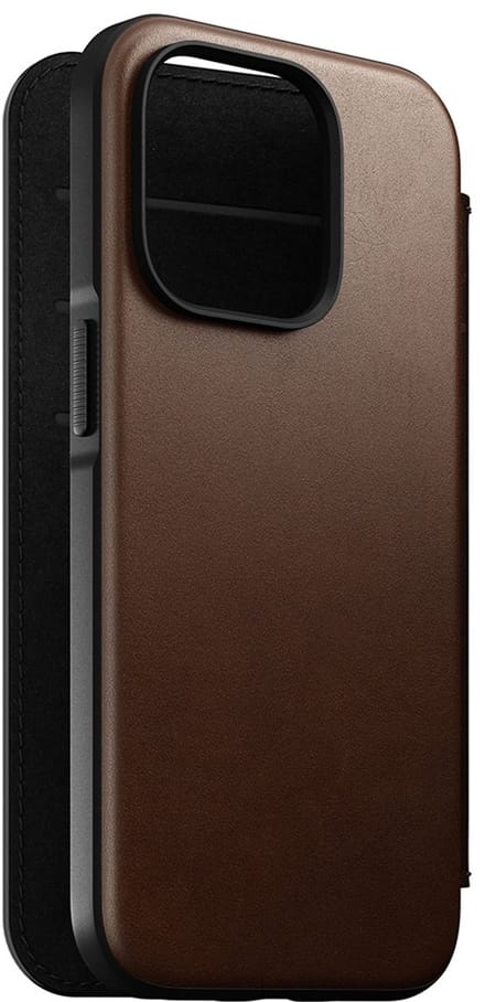 Nomad Modern Lederen Folio Hoesje – Geschikt voor iPhone 14 Plus – Gemaakt van echt leder – Ruimte voor 3 kaarten en geld – MagSafe compatible - Bruin