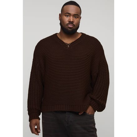 Plus Chunky Knit Oversized V Neck Jumper | Chocolate | Size 2XL