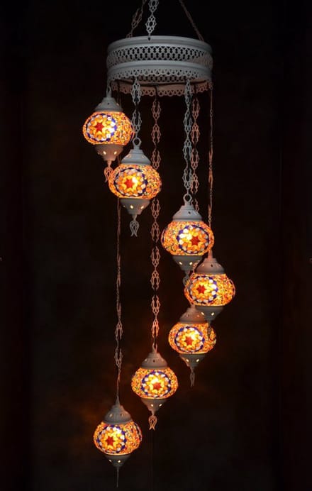 Hanglamp multicolour glas oranje mozaïek Oosterse lamp kroonluchter Crèmewit 7 bollen
