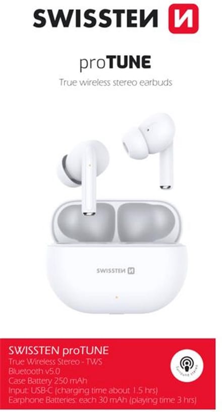 Swissten 54400100 proTUNE Earbuds – Draadloze Bluetooth Oordopjes – In-ear Headset – Oplaadcase – Wit