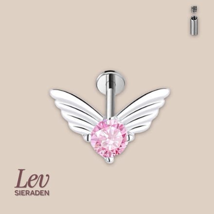 Lev Sieraden - Titanium anglewings labret met roze steen - 1.2x8mm - Zilver - Intern geschroefd - Internally treaded