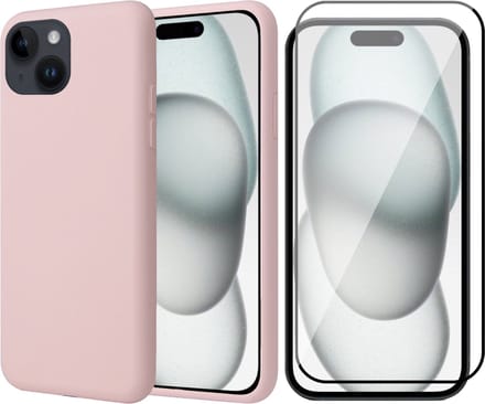 Hoesje geschikt voor iPhone 15 Plus - Screen Protector FullGuard - Back Cover Case SoftTouch Roze & Screenprotector