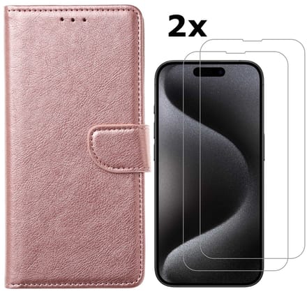Hoesje Geschikt voor iPhone 15 Pro Max hoesje bookcase met 2x screenprotector – Rosegoud