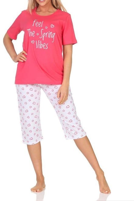 Normann dames pyjama korte mouw, pyjama capri broek in hartjeslook