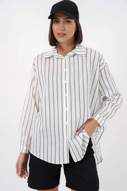 Gestructureerde Gestreepte Oversized Shirt met Knopsluiting
