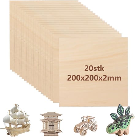 20 Stuks Houten Platen voor Knutselen - 2 mm Dun Multiplexplaat 200 x 200 mm