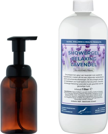 Zeepdispenser 300 ml amber bruin hervulbaar + 1 liter Showergel Relaxing Lavendel navulling