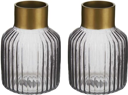 Giftdecor - Bloemenvazen 2x stuks - Decoratie glas - grijs/goud - 12x18 cm