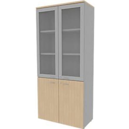 ARLON OFFICE kast, 5 dossierhoogtes, 2 glasdeuren met kader, 2 melamine deuren, H 2000 mm, eiken decor/alu