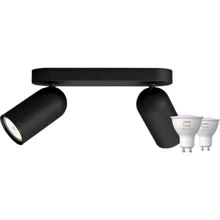 Philips Pongee opbouwspot - 2 spots - zwart + Philips Hue White and Color GU10 (2x)