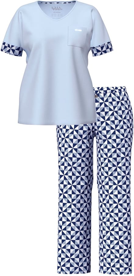 Ulla Popken - Dames - Pyjama ruitjespatroon V-hals korte mouw - Lichtblauw - Maat 58+
