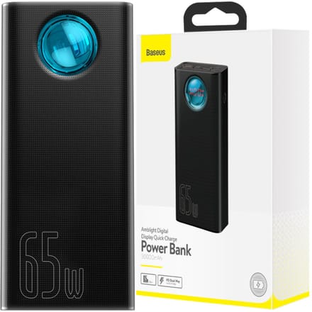 Externe Batterij Baseus Amblight Digital Display, 30000mAh, 65W, QC + PD, 1 x USB-C - 4 x USB-A, Zwart PPLG000101