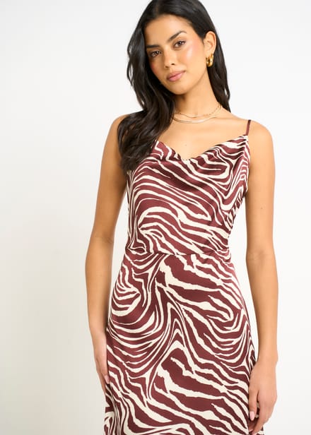 Bordeauxrode midi-jurk met zebraprint en col