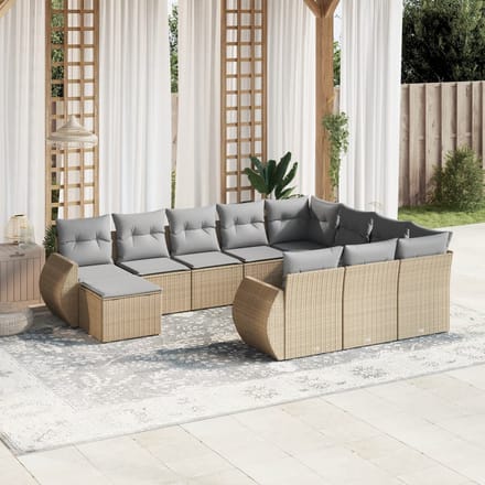 vidaXL - 11-delige - Tuinset - met - kussens - poly - rattan - beige